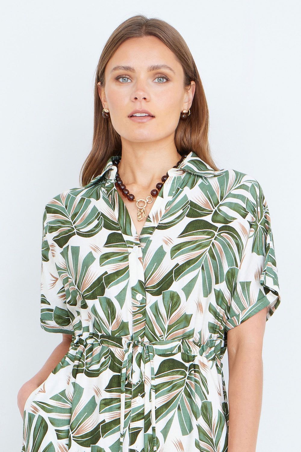 Yumi Green Viscose Leaf Print Relaxed Midi Dress