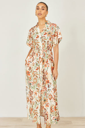 Yumi Ivory Viscose Relaxed Boho Print Maxi Shirt Dress