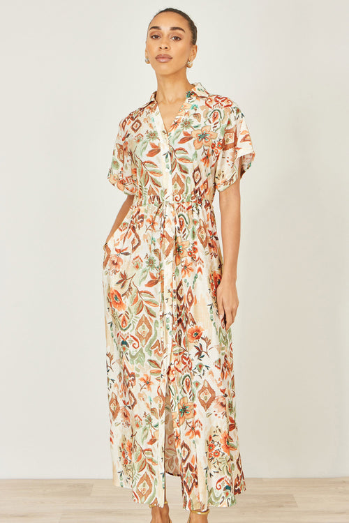 Yumi Ivory Viscose Relaxed Boho Print Maxi Shirt Dress