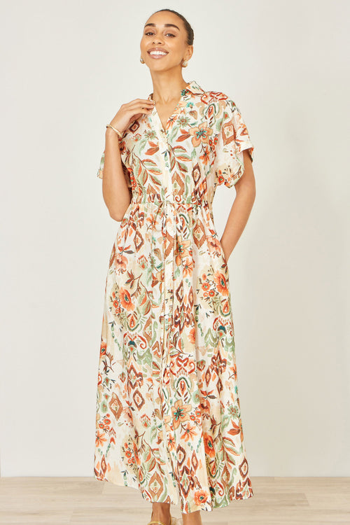 Yumi Ivory Viscose Relaxed Boho Print Maxi Shirt Dress