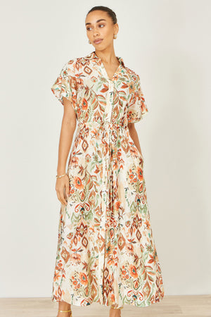 Yumi Ivory Viscose Relaxed Boho Print Maxi Shirt Dress