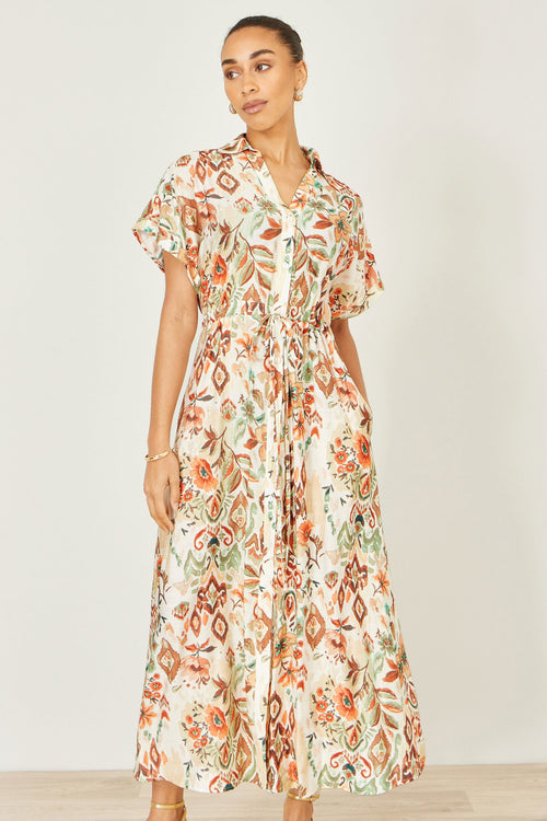 Yumi Ivory Viscose Relaxed Boho Print Maxi Shirt Dress