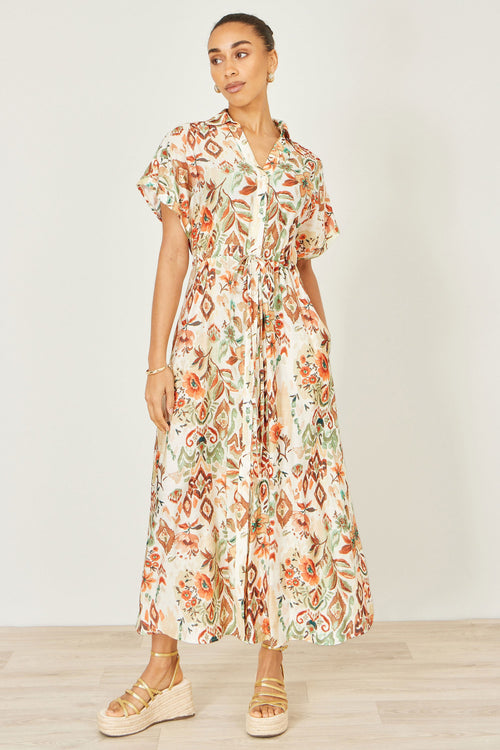 Yumi Ivory Viscose Relaxed Boho Print Maxi Shirt Dress