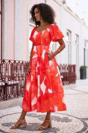 Yumi Red Viscose Floral Midi Dress With Puff Sleeves