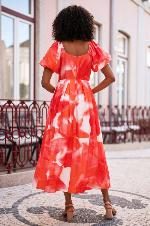 Yumi Red Viscose Floral Midi Dress With Puff Sleeves