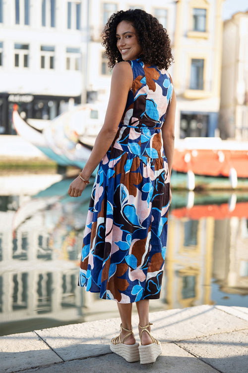 Yumi Blue Cotton Floral Abstract Dropped Waist Midi Dress