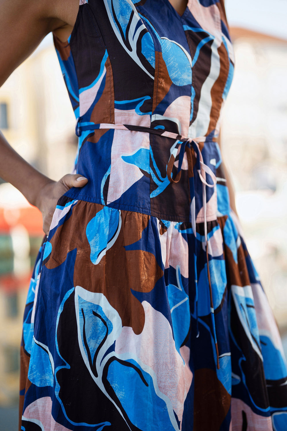 Yumi Blue Cotton Floral Abstract Dropped Waist Midi Dress