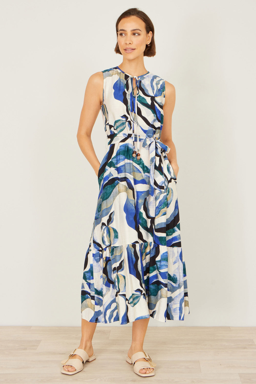 Yumi Blue Viscose Swirl Print Midi Dress