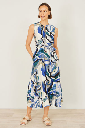 Yumi Blue Viscose Swirl Print Midi Dress