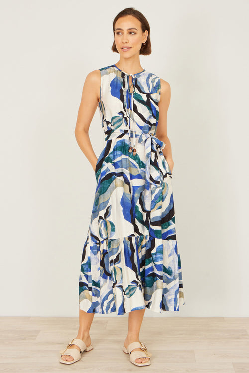 Yumi Blue Viscose Swirl Print Midi Dress