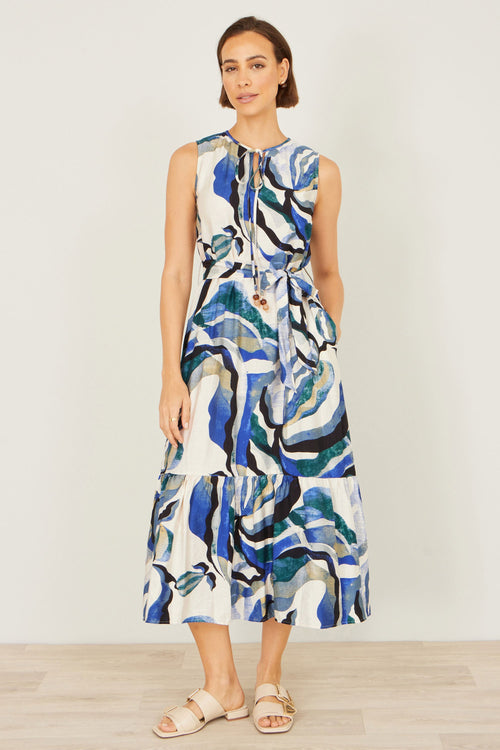 Yumi Blue Viscose Swirl Print Midi Dress