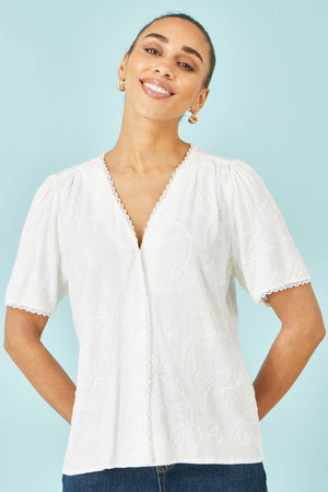 Yumi White Paisley Viscose Embroidered Shirt
