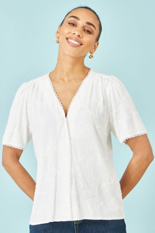 Yumi White Paisley Viscose Embroidered Shirt