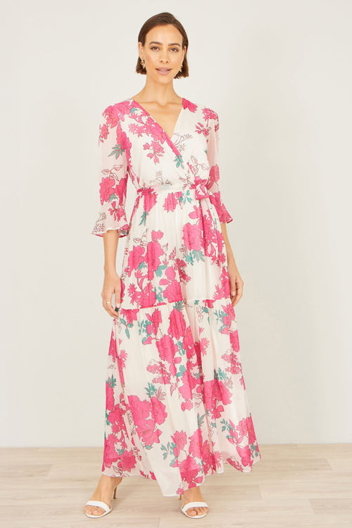 Yumi Pink Blossom Print Maxi Wrap Dress