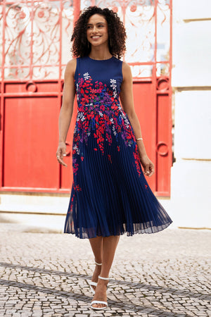 Yumi Navy Border Floral Print Midi Dress With Pleats