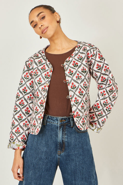 Yumi White Peacock Print Reversible Cotton Quilted Jacket