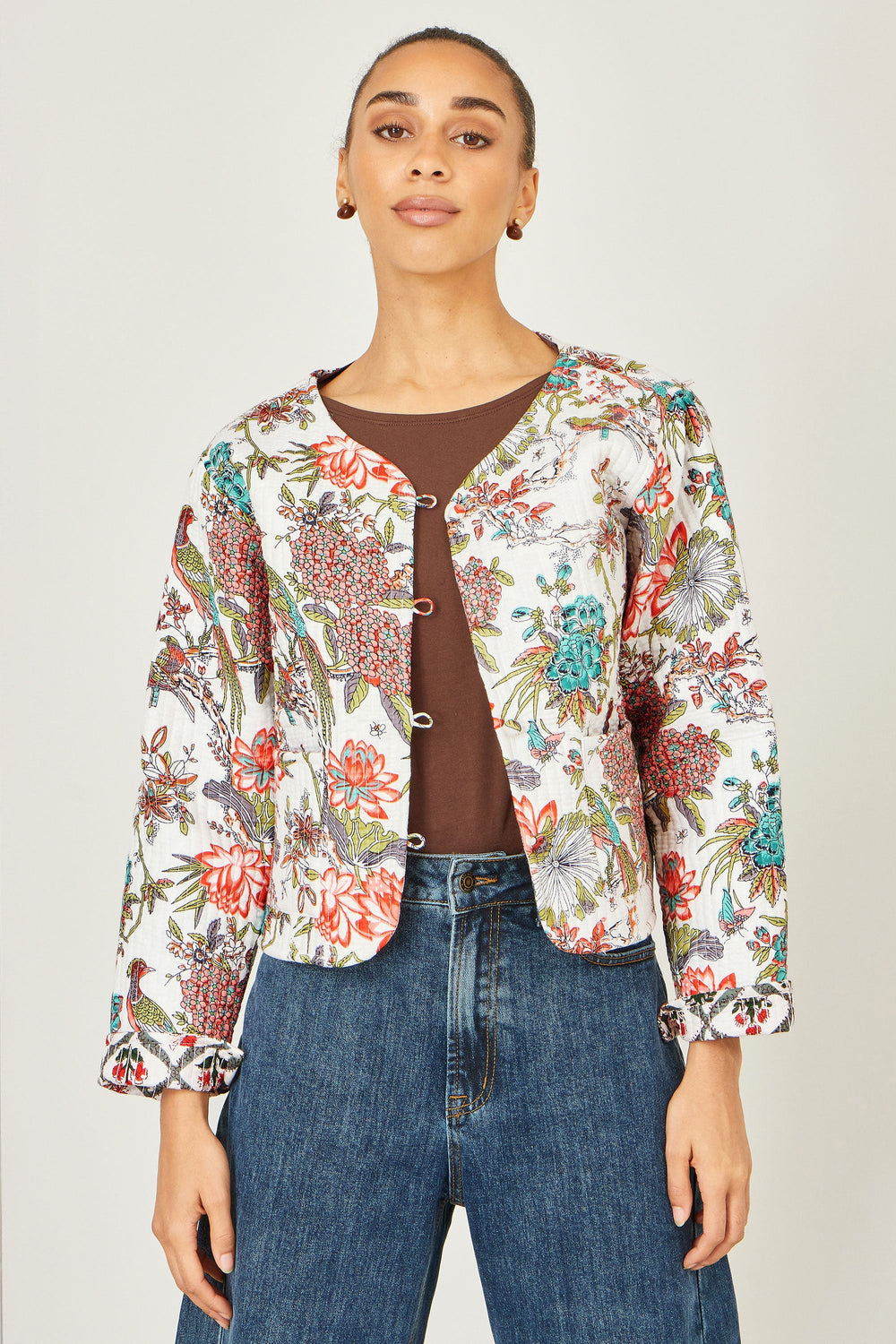 Yumi White Peacock Print Reversible Cotton Quilted Jacket