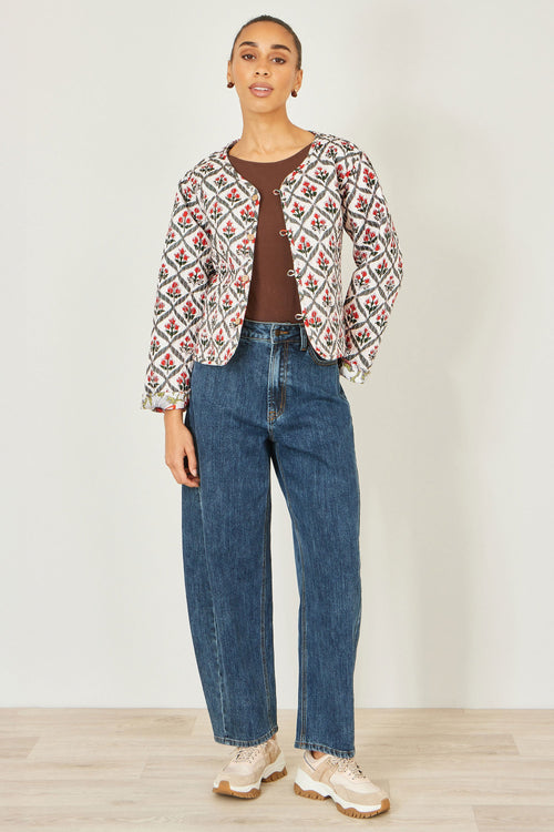 Yumi White Peacock Print Reversible Cotton Quilted Jacket