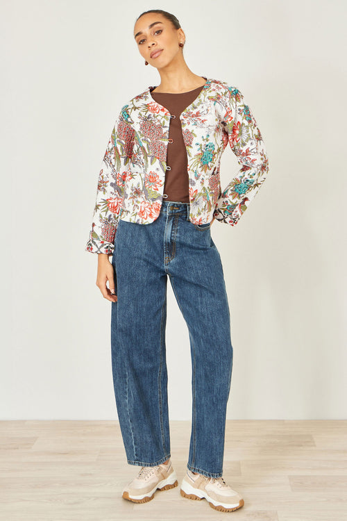 Yumi White Peacock Print Reversible Cotton Quilted Jacket