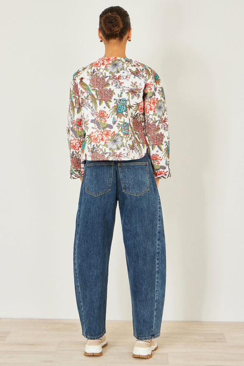 Yumi White Peacock Print Reversible Cotton Quilted Jacket