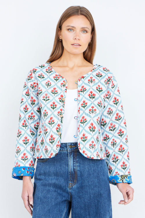 Yumi Blue Boho Print Cotton Reversible Quilted Jacket