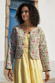 Yumi White Boho Print Cotton Reversible Quilted Jacket