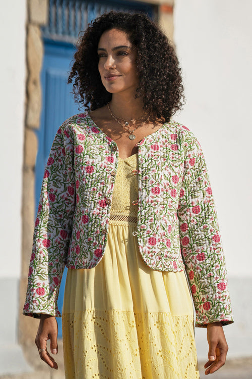 Yumi White Boho Print Cotton Reversible Quilted Jacket