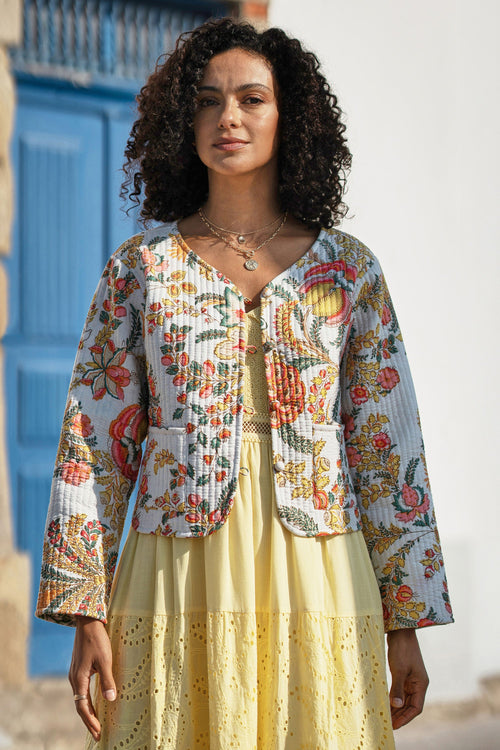 Yumi White Boho Print Cotton Reversible Quilted Jacket