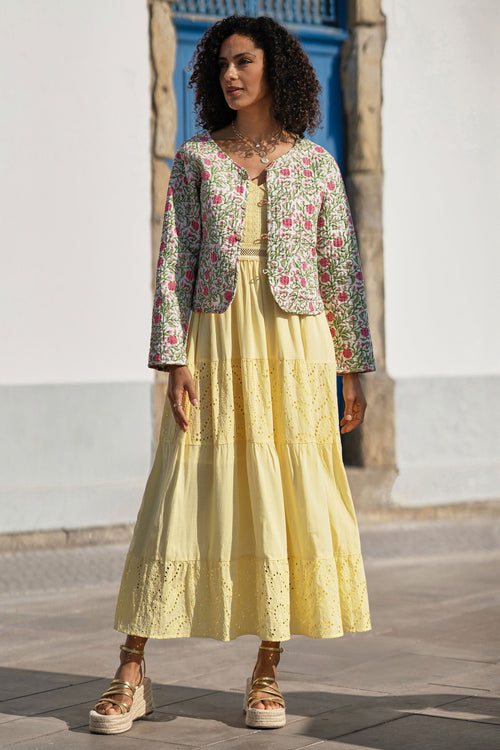 Yumi White Boho Print Cotton Reversible Quilted Jacket
