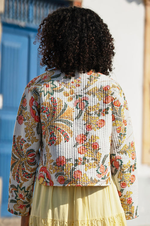 Yumi White Boho Print Cotton Reversible Quilted Jacket