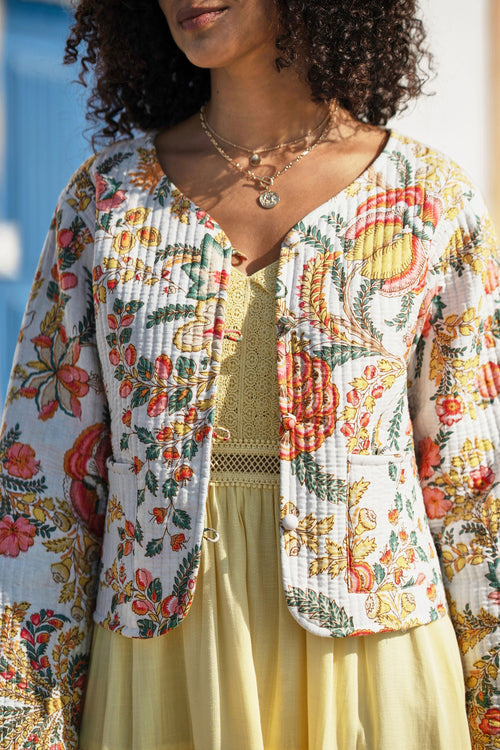 Yumi White Boho Print Cotton Reversible Quilted Jacket
