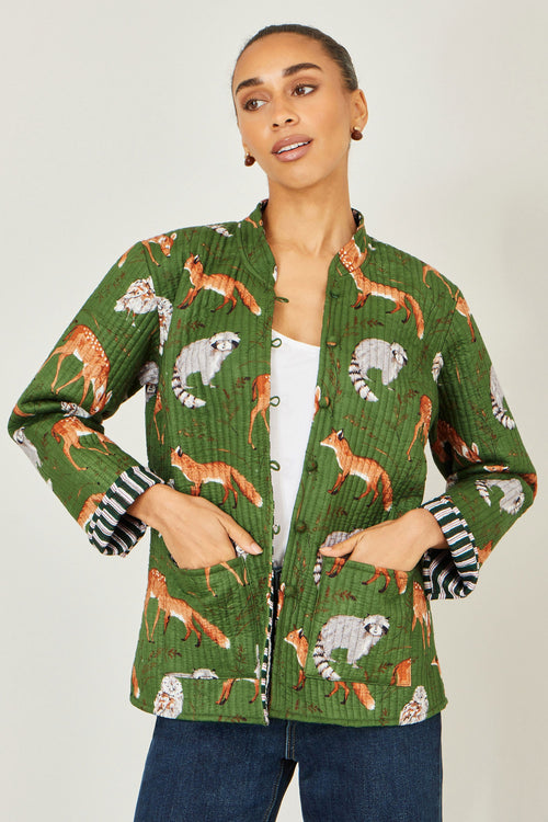 Yumi Green Fox Print Reversible Cotton Quilted Jacket