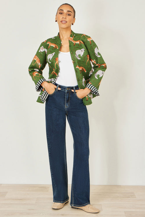 Yumi Green Fox Print Reversible Cotton Quilted Jacket