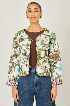 Yumi White Botanical Print Reversible Cotton Quilted Jacket