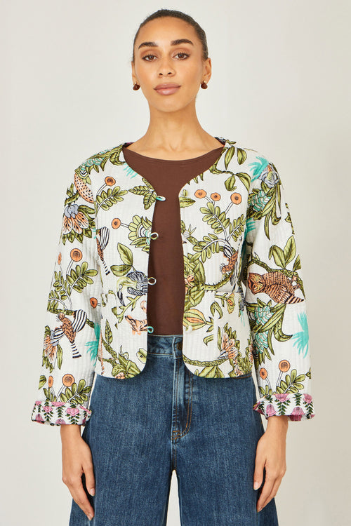 Yumi White Botanical Print Reversible Cotton Quilted Jacket