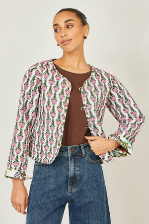 Yumi White Botanical Print Reversible Cotton Quilted Jacket