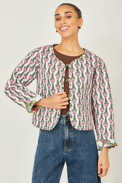 Yumi White Botanical Print Reversible Cotton Quilted Jacket
