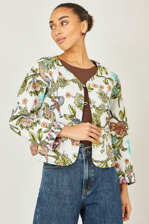 Yumi White Botanical Print Reversible Cotton Quilted Jacket