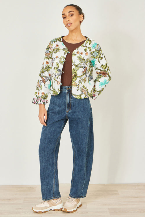 Yumi White Botanical Print Reversible Cotton Quilted Jacket
