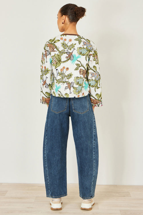 Yumi White Botanical Print Reversible Cotton Quilted Jacket