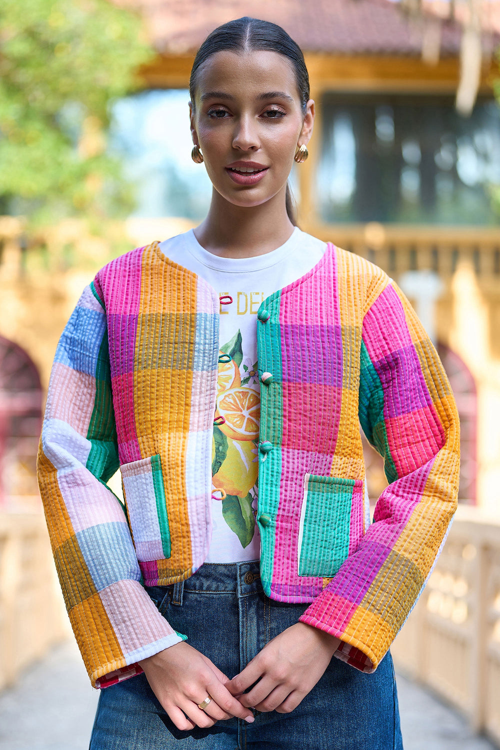 Yumi Multicolour Checked Cropped Reversible Cotton Quilted Jacket