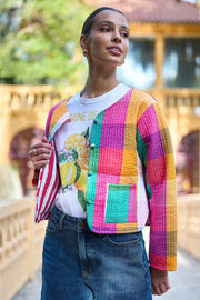 Yumi Multicolour Checked Cropped Reversible Cotton Quilted Jacket