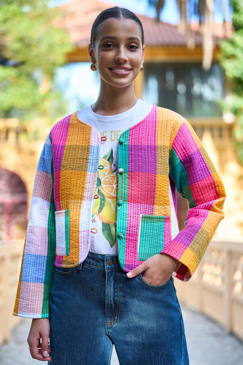 Yumi Multicolour Checked Cropped Reversible Cotton Quilted Jacket