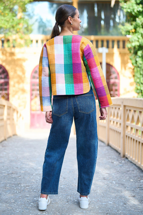 Yumi Multicolour Checked Cropped Reversible Cotton Quilted Jacket