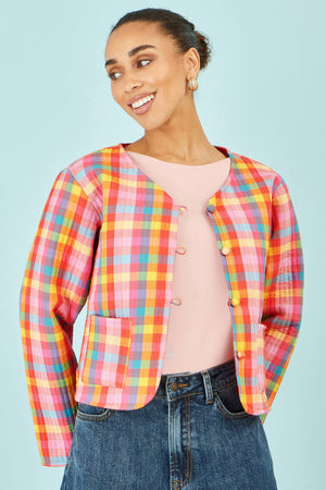 Yumi Multicolour Checked Reversible Cotton Quilted Jacket