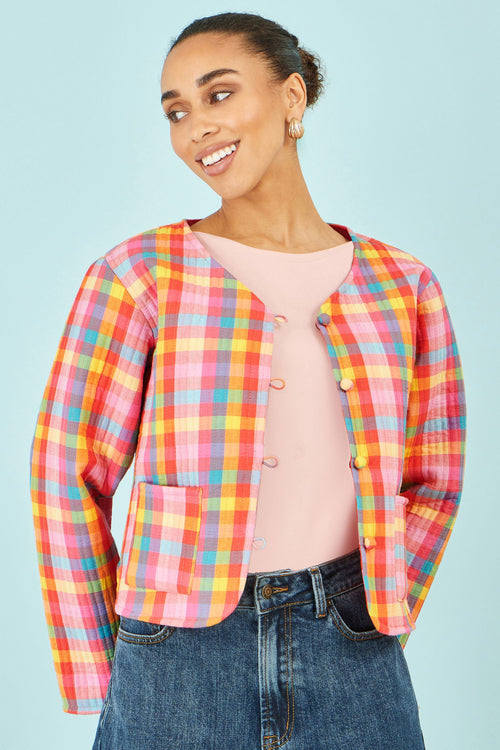 Yumi Multicolour Checked Reversible Cotton Quilted Jacket