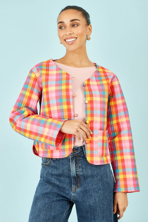 Yumi Multicolour Checked Reversible Cotton Quilted Jacket