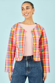 Yumi Multicolour Checked Reversible Cotton Quilted Jacket