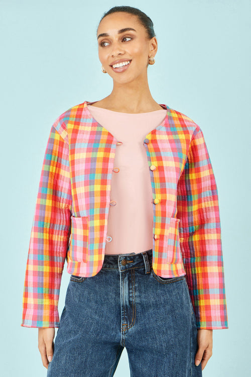 Yumi Multicolour Checked Reversible Cotton Quilted Jacket