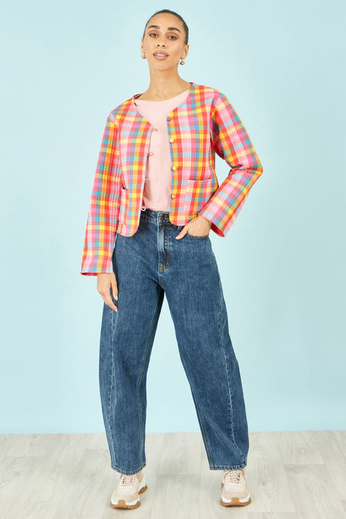 Yumi Multicolour Checked Reversible Cotton Quilted Jacket